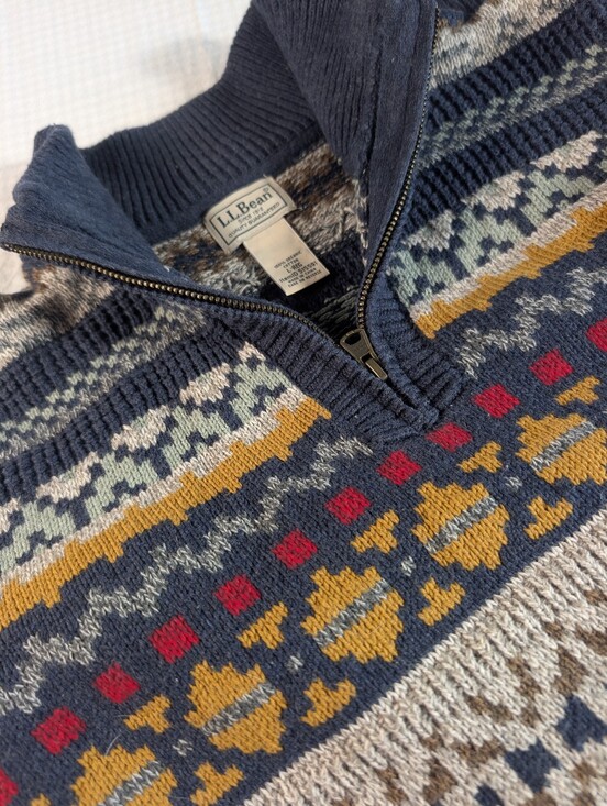 L.L. Bean Other - L.L. Bean Navy Fair Isle Zip-Neck Sweater with Mustard & Red Accents Large